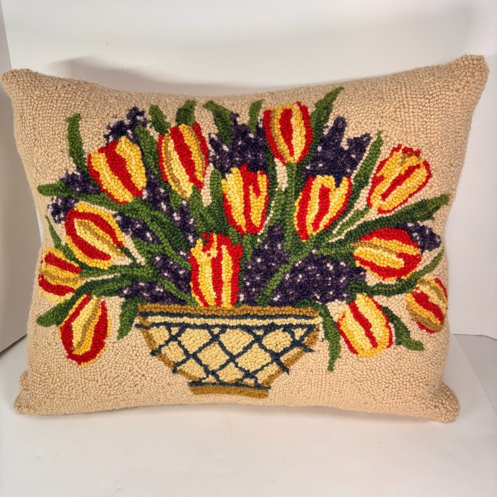 Beautiful Large Tulips Wool Hook Throw Pillow 19.5 x16 European Cottage Decor